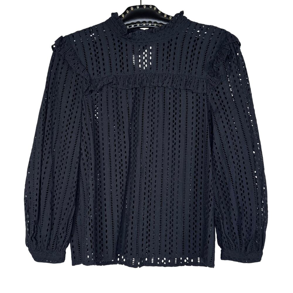Madewell Black Eyelet Mockneck Ruffle Top XXS